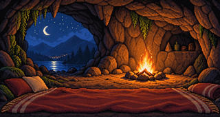 Cozy cave with a campfire and moonlit lake